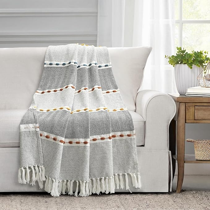 Lush Decor Herringbone Stripe Woven Tassel Yarn Dyed Cotton Throw Blanket 50" W x 60" L Black & Multi - Striped Throw Blankets - Black Couch Blanket
