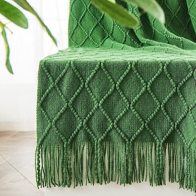 inhand Green Knitted Throw Blanket for Couch and Bed, St. Patrick’s Day Lucky Spring Gifts Throw for Her or Him, Soft Farmhouse Woven Blanket with Tassel, Lightweight Decorative, 50"x60"