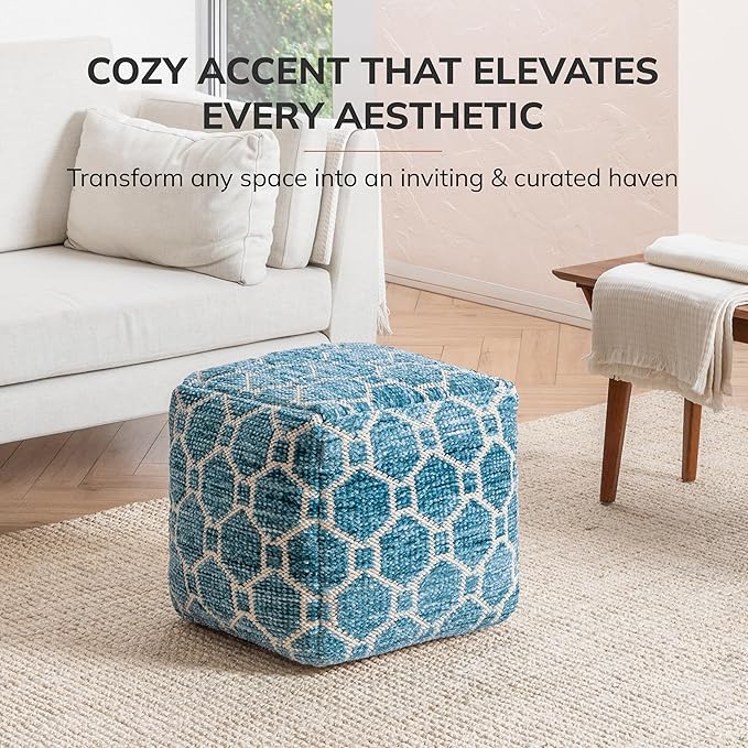 Anji Mountain Pouf Ottoman Foot Rest, Handmade Ottoman Pouf, Comfortable Foot Stool, Decorative Floor Seating for Living Room Decor, Bedroom & Home Décor Accent - Blue