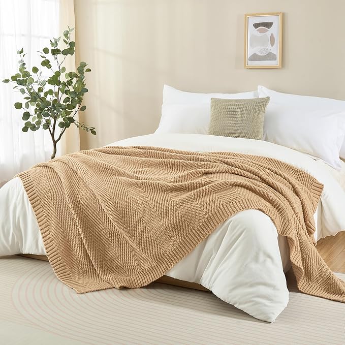 Knitted Throw Blanket 50"X60", Tan Brown Knit Throws for Bed, Super Soft Boho Chevron Blankets for Couch Sofa Chair Room Decor, Textured Decorative Farmhouse Cozy Lightweight