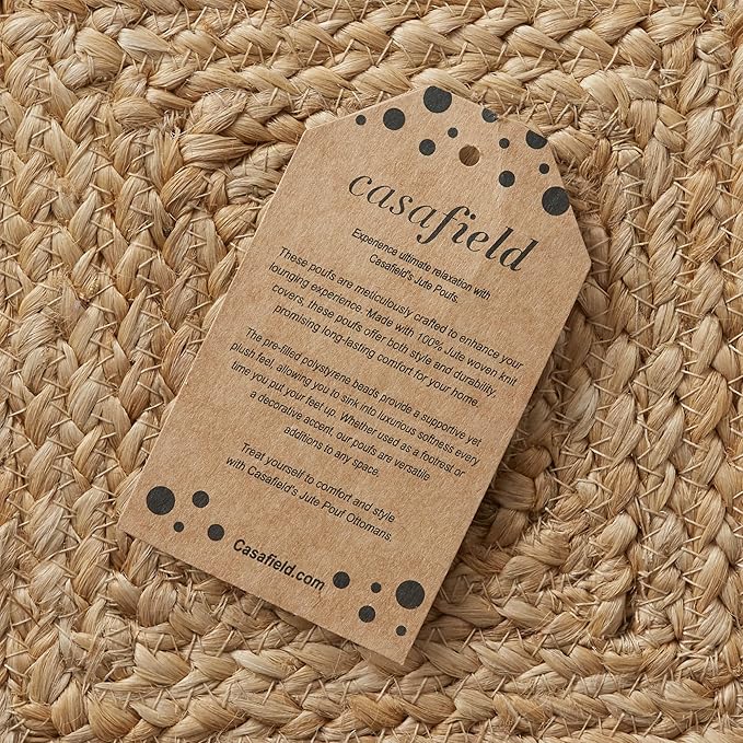 Casafield Hand-Braided Jute Pouf Ottoman Footrest, 18" W x 18" D x 18" H - Square, Natural Woven Boho Floor Cushion, Home Decor for Living Room