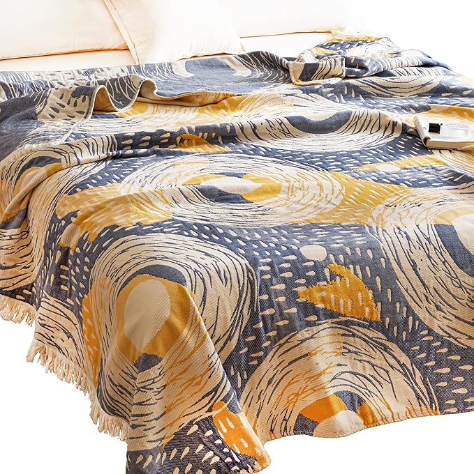 Scientific Sleep Starry Blue Sky Moon Stars 100% Cotton Muslin Blanket Throw Cover for Bed Couch Sofa Cozy Soft Bedding Lightweight Warm Bedspread Quilt Coverlet Full Queen 80 in x 90 in