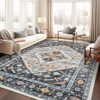 8x10 Area Rugs for Living Room, Washable Rugs with Non-Slip Backing, Super Soft Thin Large Rug for Nursery Room, Dining Room, Office, Vintage Neutral Area Rug (Navy/Pink, 8'x10')
