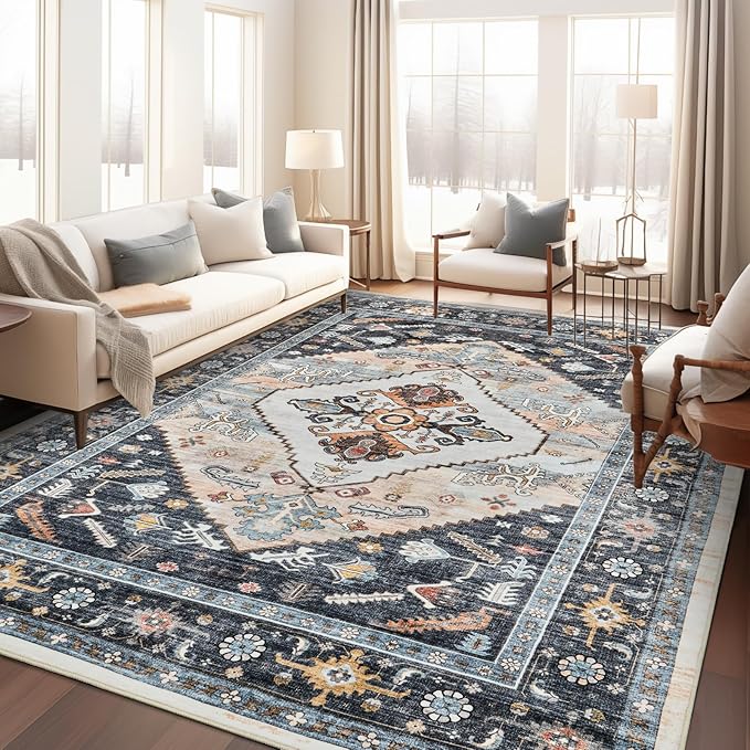 8x10 Area Rugs for Living Room, Washable Rugs with Non-Slip Backing, Super Soft Thin Large Rug for Nursery Room, Dining Room, Office, Vintage Neutral Area Rug (Navy/Pink, 8'x10')