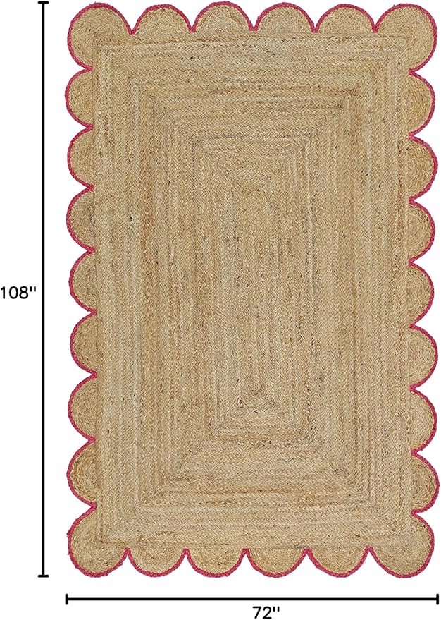 Scalloped Natural Jute Area Rug, Pink Trim, 6'x9'