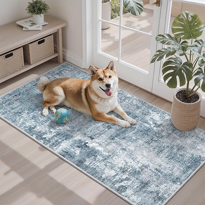 2x4 Washable Rugs for Kitchen, Floor, Entryway, Powder Room Small Area Rug Non-Slip Vintage Low Pile Throw Door Mat Blue/Grey