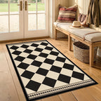 Black and White Diamond Outdoor Easy Jute Front Porch Rug 3x5, Washable Non-Slip Checkered Entryway Rug, Modern Farmhouse Boho Low Pile Indoor Carpet for Living Room, Kitchen, Mudroom, Laundry Room