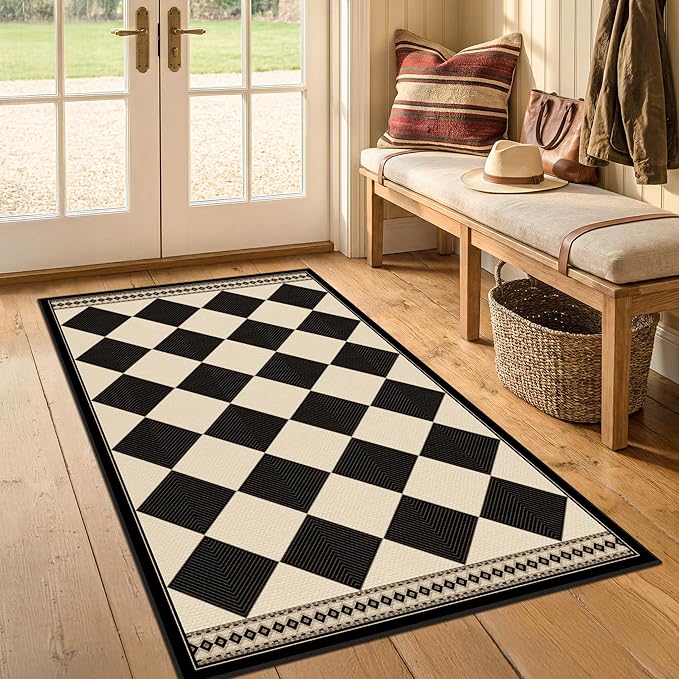 Black and White Diamond Outdoor Easy Jute Front Porch Rug 3x5, Washable Non-Slip Checkered Entryway Rug, Modern Farmhouse Boho Low Pile Indoor Carpet for Living Room, Kitchen, Mudroom, Laundry Room