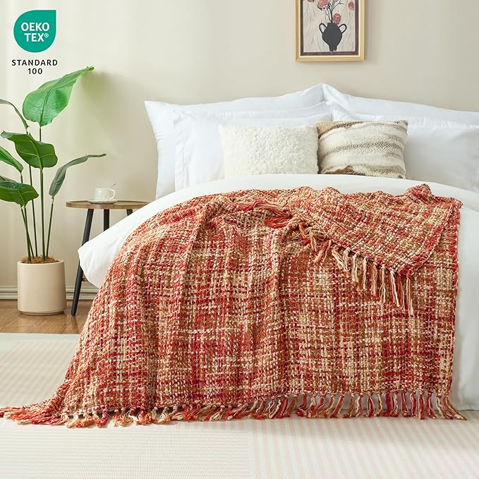 Multi-Color Dark Red Cable Woven Throw Blanket for Couch,60"X80" Boho Style Textured Blankets for Home Decor,Super Soft Warm Cozy Chunky Blanket with Decorative Tassels for Bed