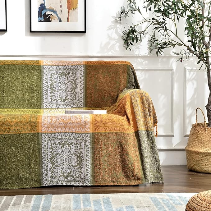 Boho Sofa Cover, Bohemian Throw Blanket Tassels Hippie Decor Covers Couch Chair loveseat Furniture Bed， Bohemian Tribal Fringe slipcover