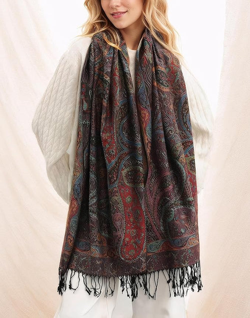 Achillea Reversible Paisley Pashmina Rave Scarf – Exotic Indian Shawls and Wraps for Evening Dresses, Festivals, All Seasons
