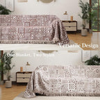 Boho Throw Blanket Twin Size, Soft Cozy Cotton Muslin Quilt Blanket for Bed Decor, Patchwork Block Couch Sofa Chair Cover, Vintage Farmhouse Cottage Tapestry Woven Blanket, Brown&White