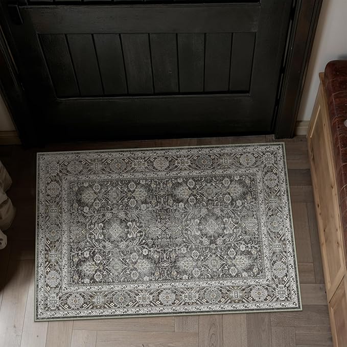 Black Entryway Rug 2x3 Vintage Area Carpet Indoor Kitchen Washable Door Mat Living Room Entrance Small Low Pile Traditional Distressed Retro Accent Throw Rug Non Slip Office Bathroom