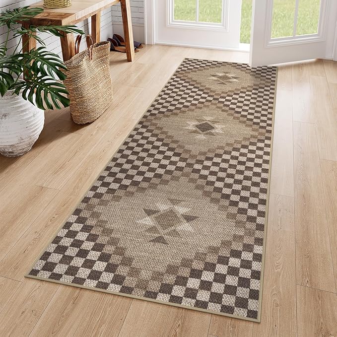 LIVEBOX Washable Easy Jute Rug Runners 2x6 for Entryway, Non Skid Kitchen Runner Rugs for Indoor Outdoor Entrance, Checkered Brown Hallway Rug Runner for Laundry Room Bedroom