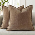 decorUhome Chenille Soft Cozy Throw Pillow Covers 22x22 Set of 2, Modern Farmhouse Boho Velvet Decorative Euro Sham Pillow Cases with Stitched Edge for Couch Sofa Bed Home Decor, Brown