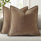 decorUhome Chenille Soft Cozy Throw Pillow Covers 22x22 Set of 2, Modern Farmhouse Boho Velvet Decorative Euro Sham Pillow Cases with Stitched Edge for Couch Sofa Bed Home Decor, Brown