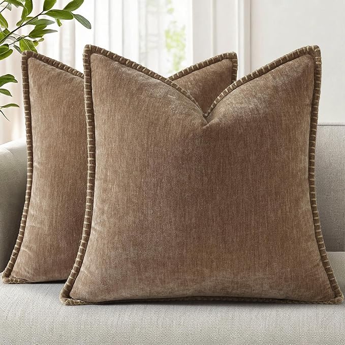decorUhome Chenille Soft Cozy Throw Pillow Covers 22x22 Set of 2, Modern Farmhouse Boho Velvet Decorative Euro Sham Pillow Cases with Stitched Edge for Couch Sofa Bed Home Decor, Brown