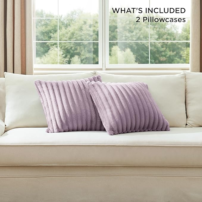 Bedsure Double-Side Striped Throw Pillow Covers 18x18 Set of 2, Spring Fluffy Light Purple Soft Decorative Pillow Covers, Home Decor for Couch Sofa Living Room Bedroom