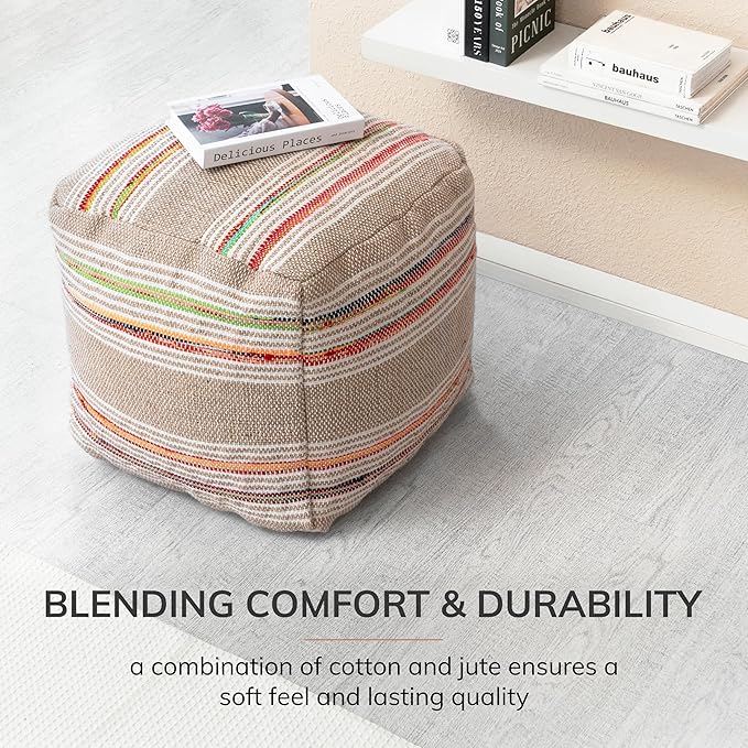 Anji Mountain Pouf Ottoman Foot Rest, Handmade Ottoman Pouf, Comfortable Foot Stool, Decorative Floor Seating for Living Room Decor, Bedroom & Home Décor Accent - Nomad Stripe