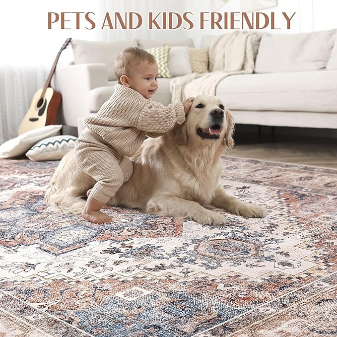Washable Rug 12x15 Area Rugs: Boho Vintage Distressed Oriental Medallion Neutral Thin Large Rug Carpet for Living Room Bedroom Dining Room Home Office Decor - Camel
