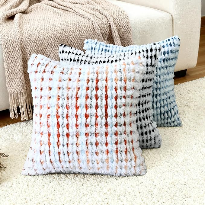 Boho Chenille Tufted Pillow Cover 20x20 Inch Set of 1, Farmhouse Striped Decorative Pillow Covers Accent Fluffy Neutral Square Pillowcases for Couch Sofa Bedroom Living Room, Orange White