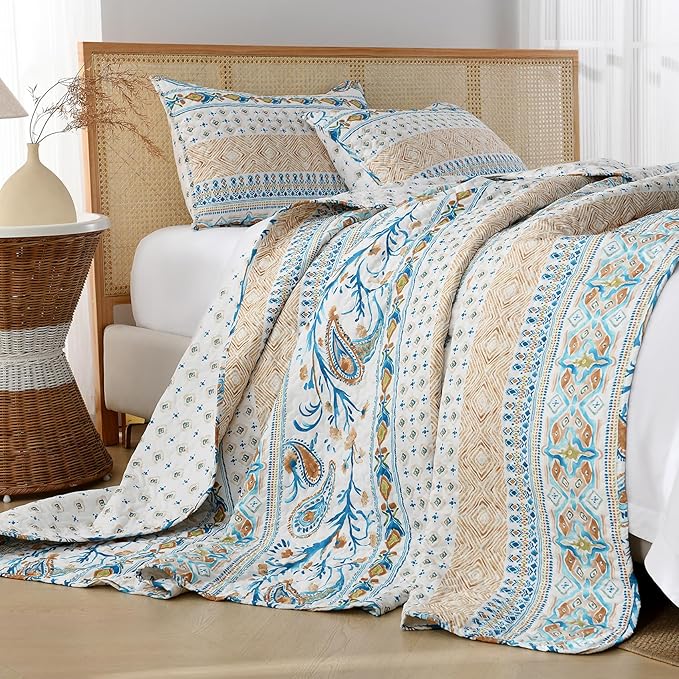 Boho Style Queen Quilt Set Reversible Bohemian Paisley Teal Quilt Beddding Set, Soft and Lightweight Bedspread for All Season, Full Size Bed Coverlet with 2 Matching Pillow Shams (3 Pieces)