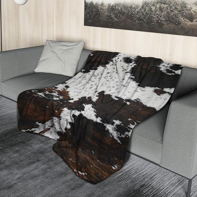 aportt Cow Print Blanket Soft Flannel Lightweight Cowhide Western Throw Blanket Cozy Warm Brown Cow Blankets All Seasons Living Room Decor for Couch Chair Bed Sofa Office 60x80 inch