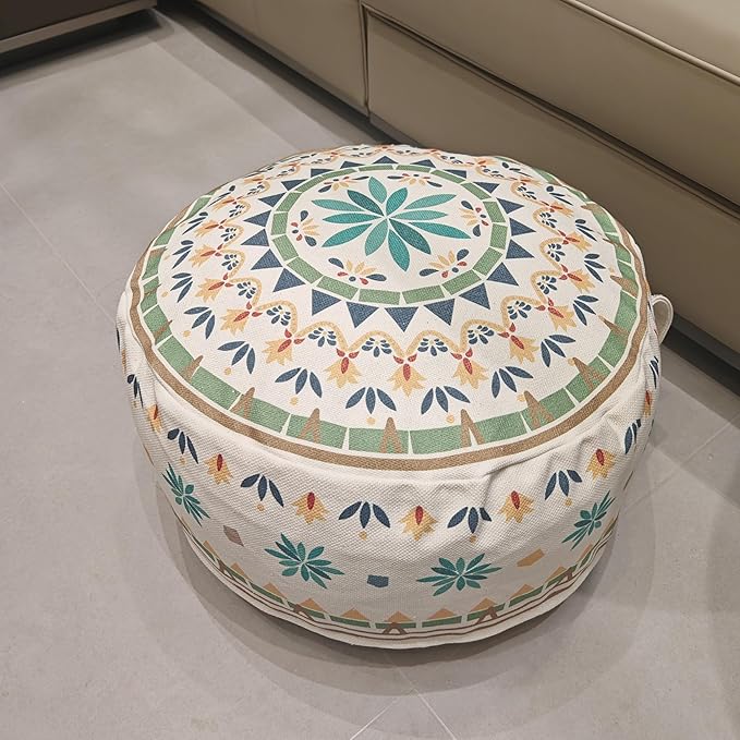 MOCOFO Round Bohemian Ottoman Pouf Cover, 18 Inch, Cotton Blend, Church Window Print, Living Room Storage Footrest, Cover Only (Green Diamond)