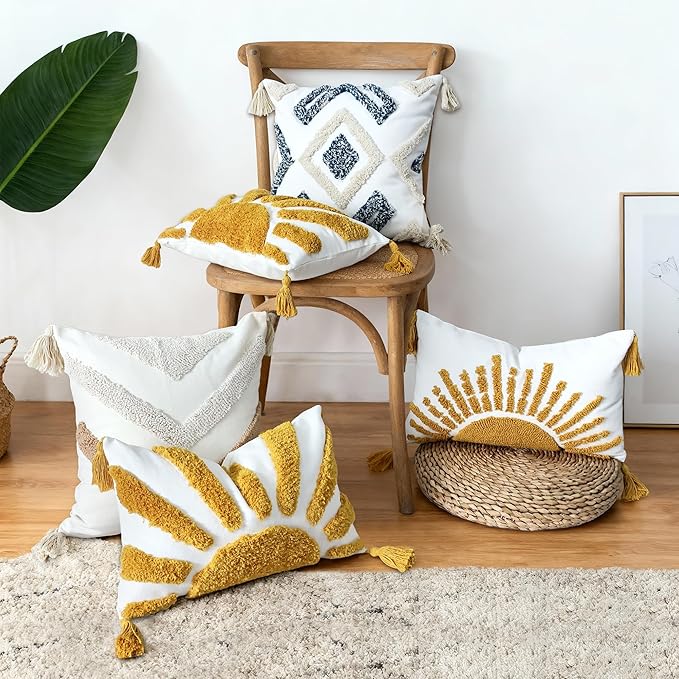Boho Throw Pillow Covers 12x20 Inch Sun Tufted Lumbar Pillow Covers with Tassels, Bohemian Farmhouse Decorative Cushion Cover for Couch Sofa Bedroom Living Room Home Decor (Yellow-Thick)