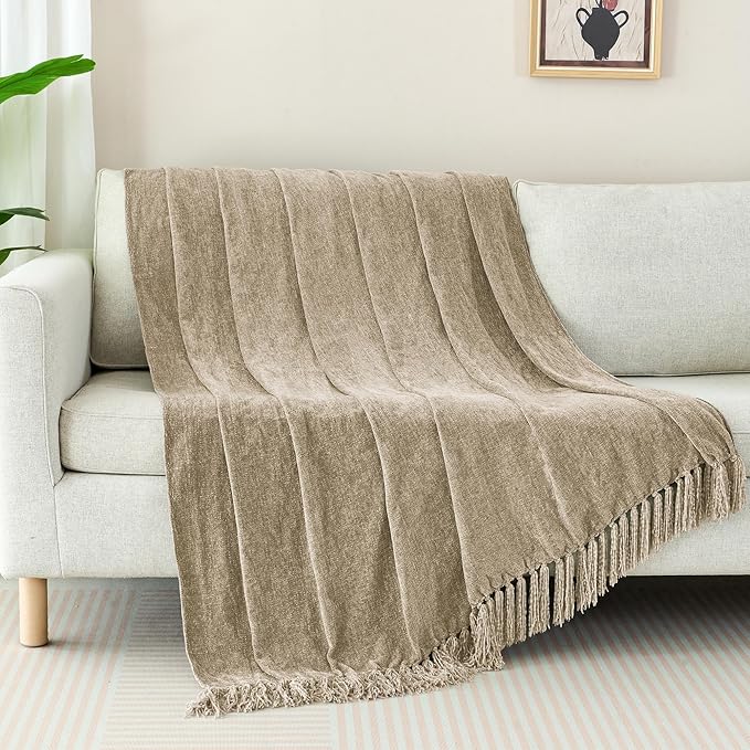 Chenille Throw Blanket for Couch with Tassels,50"X60" Soft Cozy Lightweight Knitted Boho Decorative Blankets for Bed and Sofa,Taupe