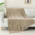 Chenille Throw Blanket for Couch with Tassels,50"X60" Soft Cozy Lightweight Knitted Boho Decorative Blankets for Bed and Sofa,Taupe