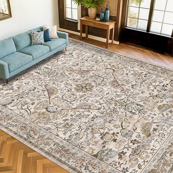 Floral 9x12 Large Area Rug for Living Room - Floral & Bird Soft Rugs for Bedroom,Non Slip Washable Carpet for Dining Room Under Table, Vintage Brown Taupe Indoor Décor, Low Pile Stain Resistant