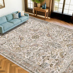 Floral 9x12 Large Area Rug for Living Room - Floral & Bird Soft Rugs for Bedroom,Non Slip Washable Carpet for Dining Room Under Table, Vintage Brown Taupe Indoor Décor, Low Pile Stain Resistant