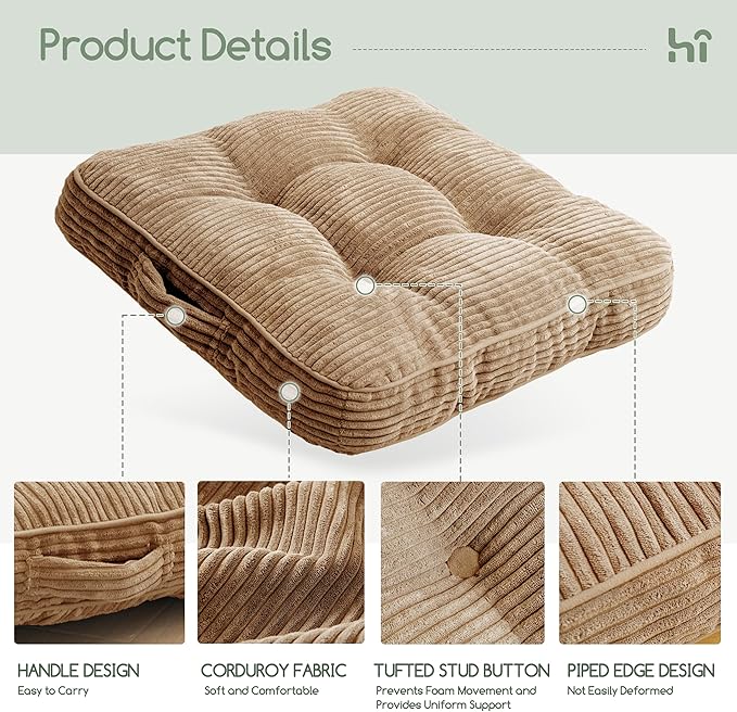 HIGOGOGO Floor Pillow Cushion for Adults, Meditation Cushion Pillow, Large Square Floor Sitting, Tufted Corduroy Cover, for Tatami Living Room or Yoga, 22x22 Inch, Coffee
