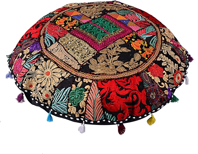 Rajasthani Handmade Colorful Decorative Floor Pillow Cover Meditation Patchwork Patchwork Cushion Seating Accent Boho Chic Indian Handmade Cover ONLY (Black Patchwork, 32x32 Inches)