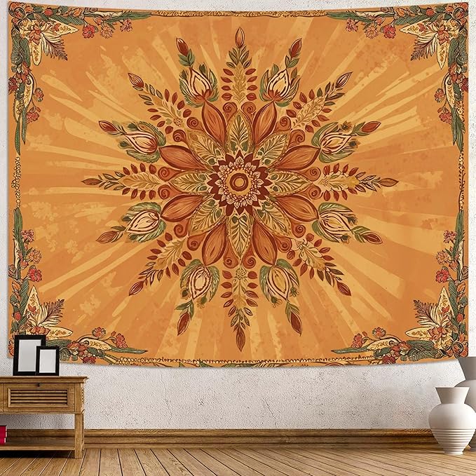Accnicc Boho Floral Mandala Tapestry for Bedroom Bohemian Flower Wall Tapestry Aesthetic Small Vintage Orange Hippie Indian Tapestries Wall Hanging for Living Room Dorm Decor 48 x 36 Inch