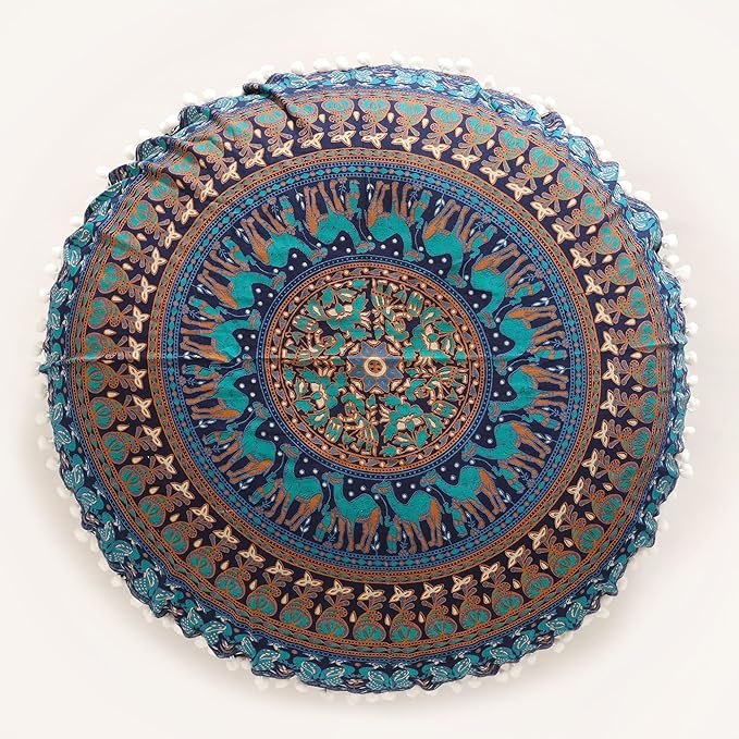 Popular Handicrafts Floor Pillow Cushion Cover - Hippie Elephant Mandala Cushion Cover Large Cotton - Pouf Cover Round Bohemian Yoga Decor, 32" Turqouise
