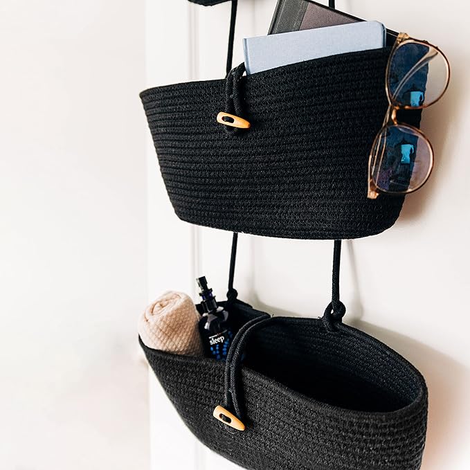 OrganiHaus Black Hanging Wall Baskets for Storage | Hanging Baskets for Bathroom Organizing | Behind Door Storage | Over the Door Basket | Nursery Storage Basket | Wall Hanging Basket for Organizing
