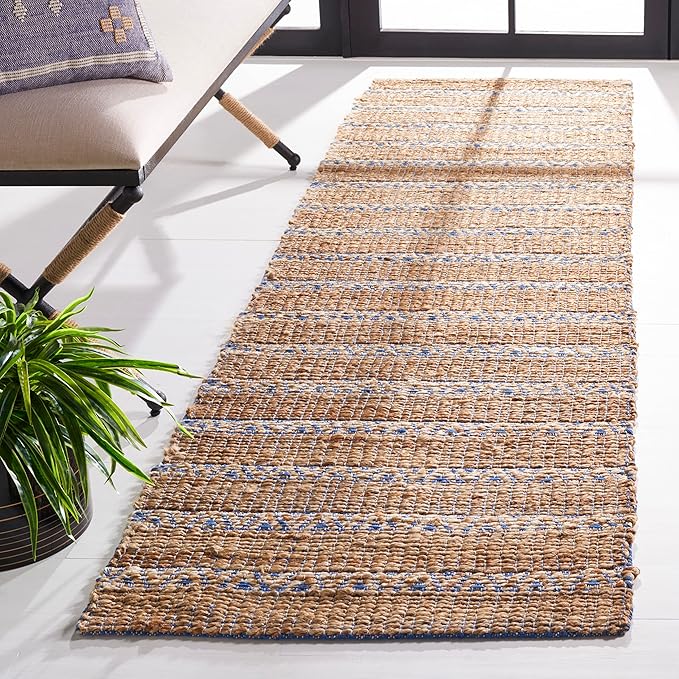 SAFAVIEH Natural Fiber Collection Runner Rug - 2'3" x 8', Blue & Natural, Handmade Flat Weave Stripe Jute & Cotton Jute, Ideal for High Traffic Areas in Living Room, Bedroom (NFB655M)