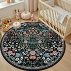 Round Area Rug for Living Room: 4 ft Floral Washable Circle Rug Soft Boho Non-Slip Carpet Indoor Stain Resistant Low Pile Small Circular Rug for Bedroom Entryway Kitchen Nursery Home Office Dark Black