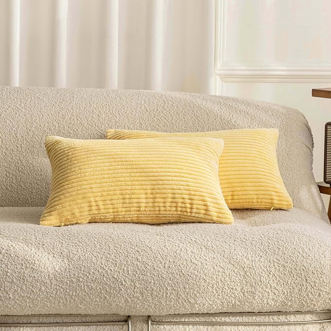 Home Brilliant Set of 2 12x20 Spring Pillow Covers Oblong Corduroy Rectangle Throw Pillow Case for Couch Chair Decor Baby Toddler Lumbar Throw Pillow Covers, 12 x 20 inch, Light Yellow