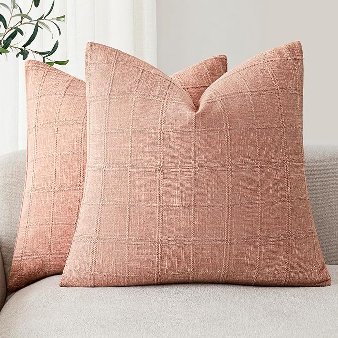 Foindtower Set of 2 Decorative Linen Check Throw Pillow Covers Neutral Farmhouse Vintage Cushion Covers Modern Boho Accent Home Decor for Sofa Chair Couch Bedroom Living Room,24×24 Inch,Coral Pink