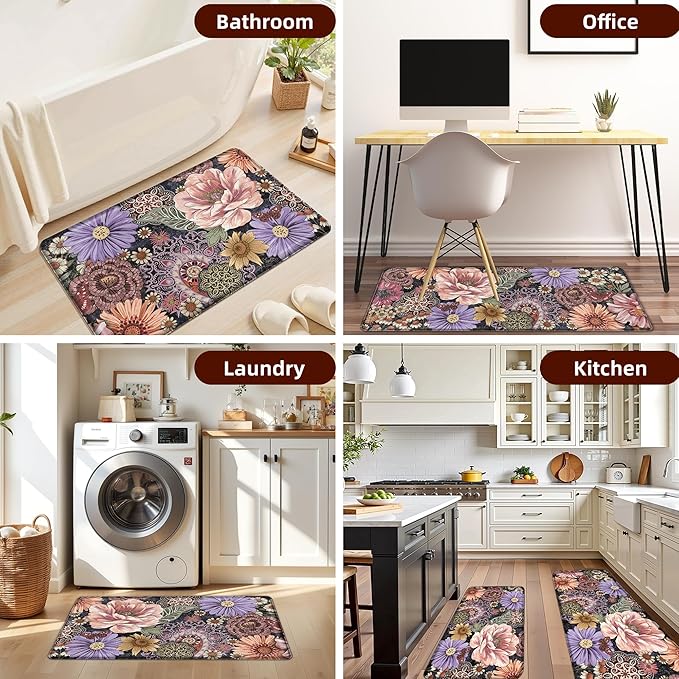 Boho Floral Kitchen Mats for Floor 2PCS Anti Fatigue Mats for Kitchen Floor Cushioned Non Slip Waterproof Memory Foam PVC Kitchen Rugs Set for Sink,Office,Laundry 17.3"x28"+17.3"x47"