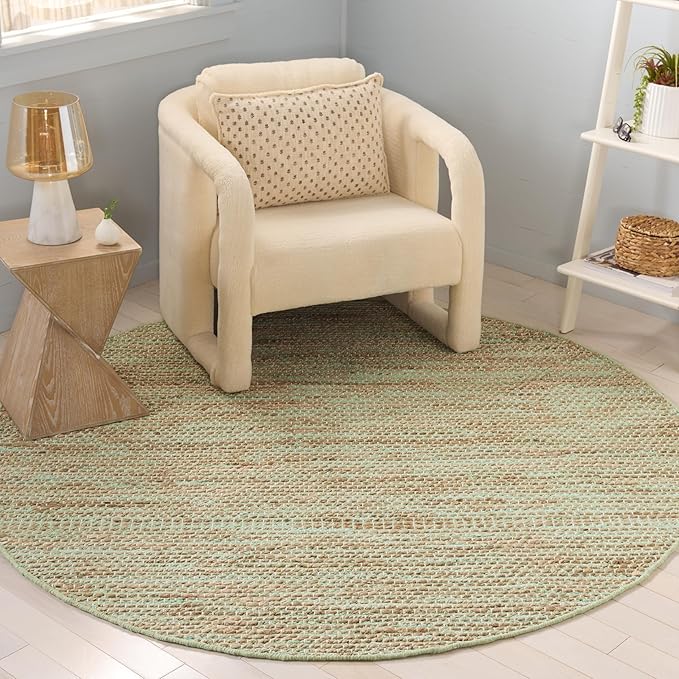 SAFAVIEH Cape Cod Collection Area Rug - 6' Round, Green & Natural, Handmade Jute & Cotton, Ideal for Living Room, Bedroom, Dining Space (CAP236Y)