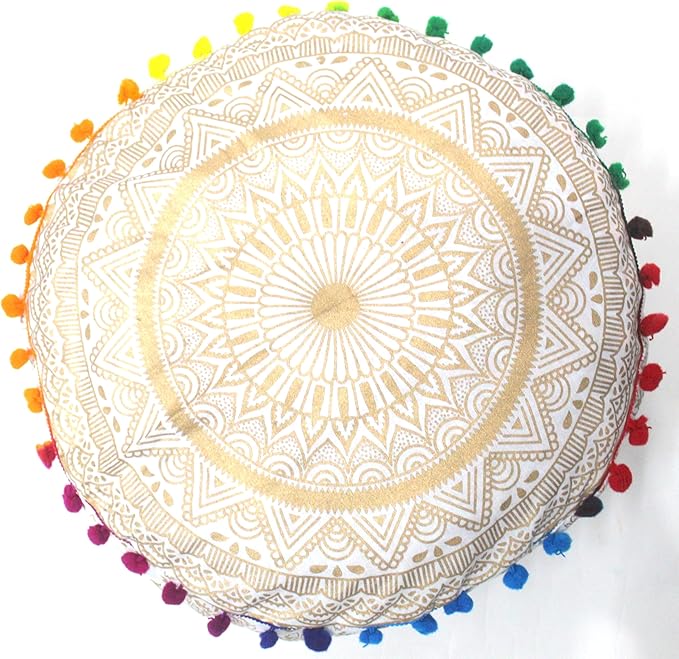 CRAFT KALA Gold Large Hippie Mandala Meditation Floor Ottoman Pillow Cushion Pouf Cover Square Poufs Bohemian Circle Floor Cushion Case Outdoor Fireplace Yoga Living Room Decor Cover 16" Round