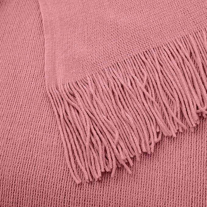 Vonty Dusty Pink Knitted Blanket with Tassels Fringe 50" x 60", Super Soft Knit Throw Blanket, Farmhouse Decorative Lightweight Blanket for Couch, Sofa, Bed