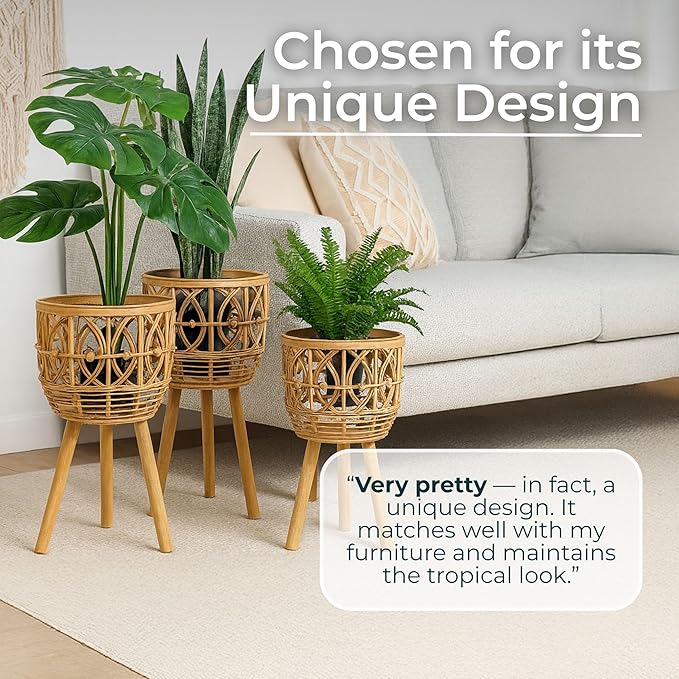 Handcrafted Bamboo Planters with Wooden Legs as Home Decor - Timeless Flower Pots for Entryway and Garden - Patterned Plant Pots for Outdoor and Indoor Plants - Set of 3, 26", 23", 20", Brown