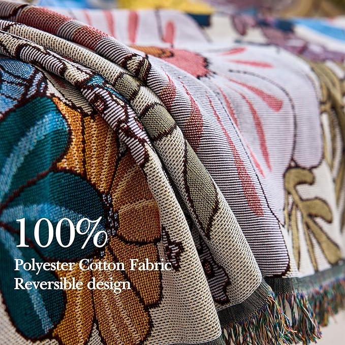 Boho Throw Blanket for Couch Cover, 100% Handwoven Cotton Southwestern Farmhouse Floral Decor Reversible Blanket, All Season Throw for Sofa Bed Tapestry Outdoor Camping Picnic. 71″×134″
