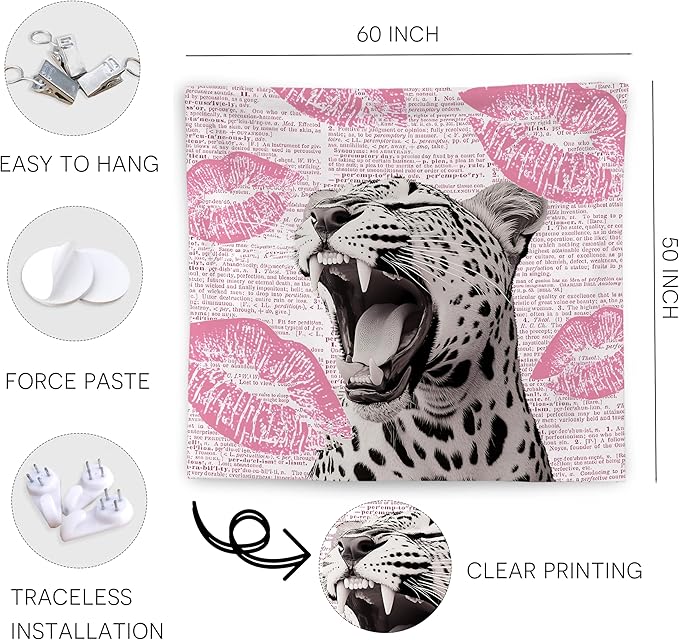 WNAGT Retro Trendy Leopard Tapestry Wall Hanging, Cheetah Leopard Room Decor, Vintage Funky Cheetah Print Lips Wall Blanket Decor for Girls Bedroom Dorm Apartment Home, 50x60 Inch(Pink)