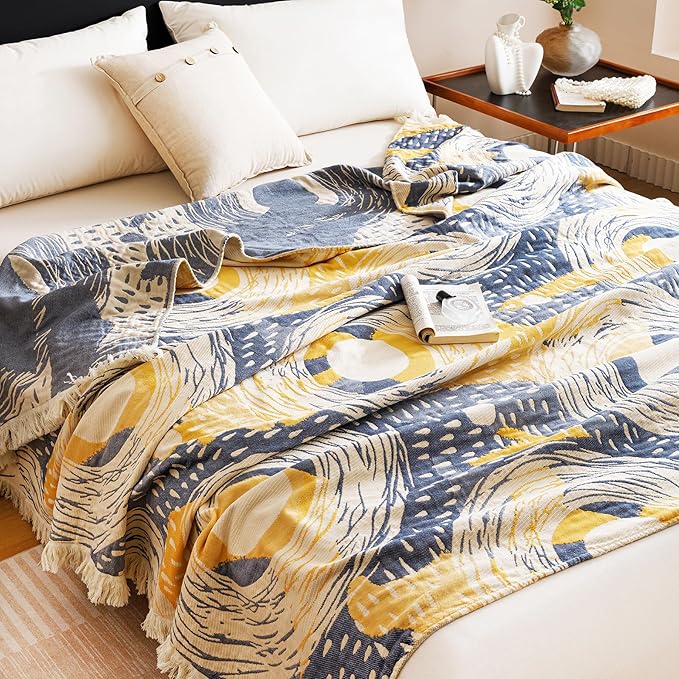 Scientific Sleep Starry Blue Sky Moon Stars 100% Cotton Muslin Blanket Throw Cover for Bed Couch Sofa Cozy Soft Bedding Lightweight Warm Bedspread Quilt Coverlet Full Queen 80 in x 90 in